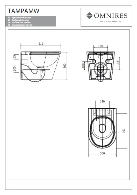 Omires TAMPA wc podwieszane  52 cm + deska wolnoopadająca