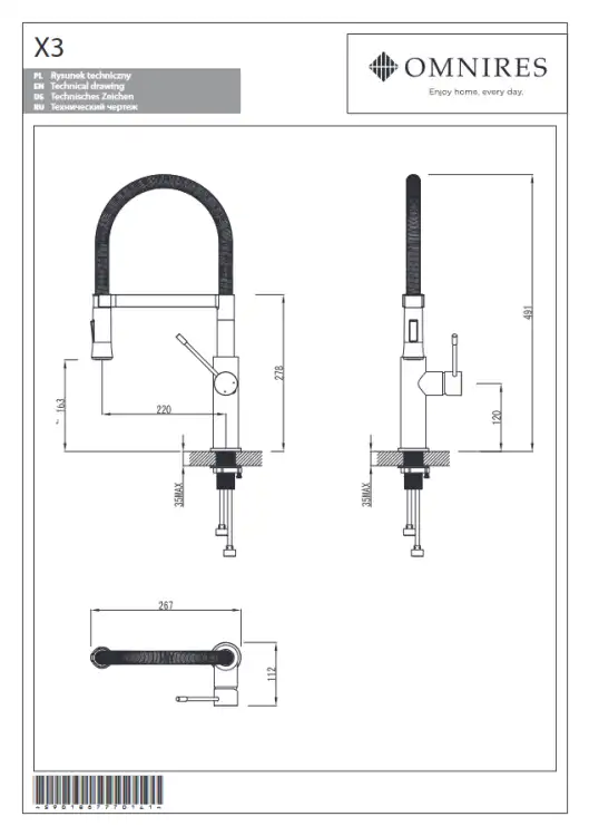 Omnires X3 bateria kuchenna Chrom