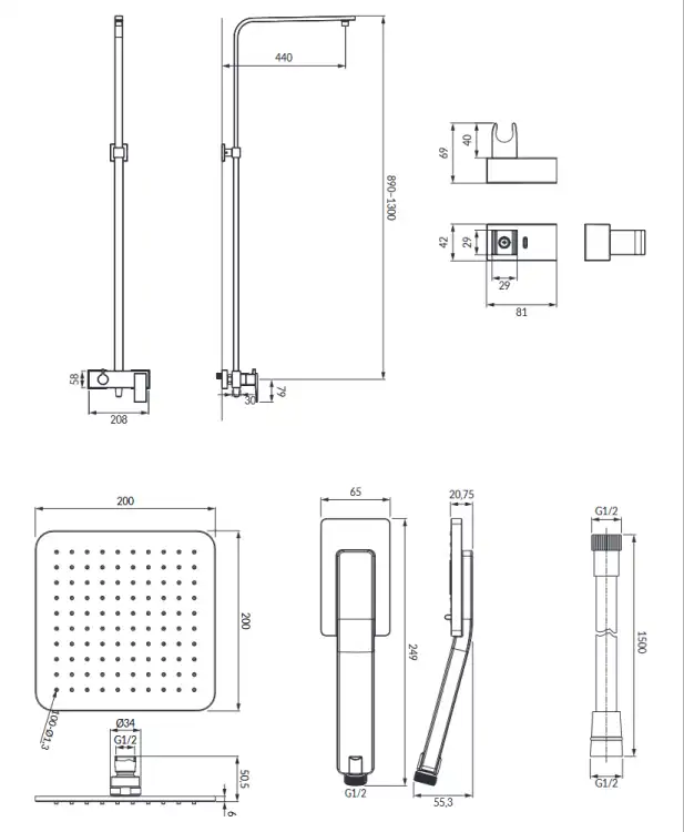 Omnires Parma system prysznicowy natynkowy Czarny Mat PM7444BL