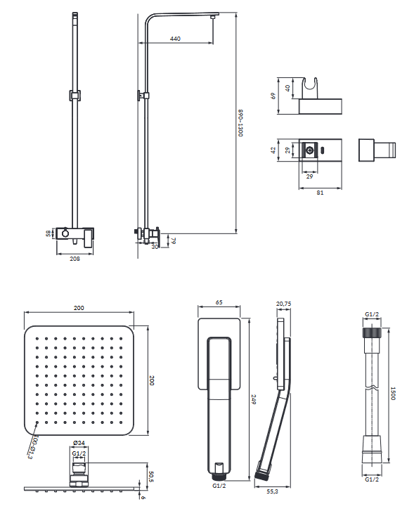 Omnires Parma system prysznicowy natynkowy grafit  PM7444GR