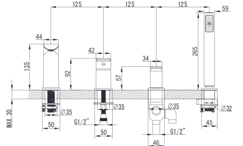 Omnires Sacramento bateria wannowa  4- otworowa Chrom /Biały SC2332CRB