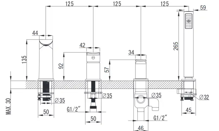 Omnires Sacramento bateria wannowa  4- otworowa Chrom /Biały SC2332CRB