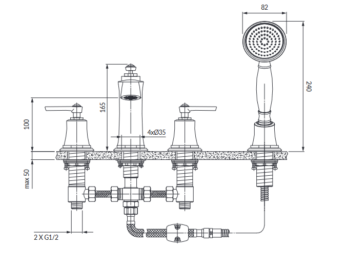 Omnires Armance bateria wannowa 4-otworowa Złoto  AM5232GL