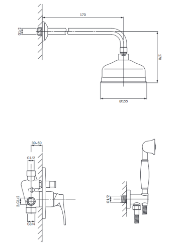 Omnires Art Deco system prysznicowy podtynkowy Miedź Antyczna  SYSAD28ORB