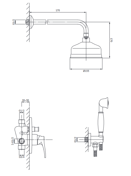 Omnires Art Deco system prysznicowy podtynkowy Miedź Antyczna  SYSAD28ORB