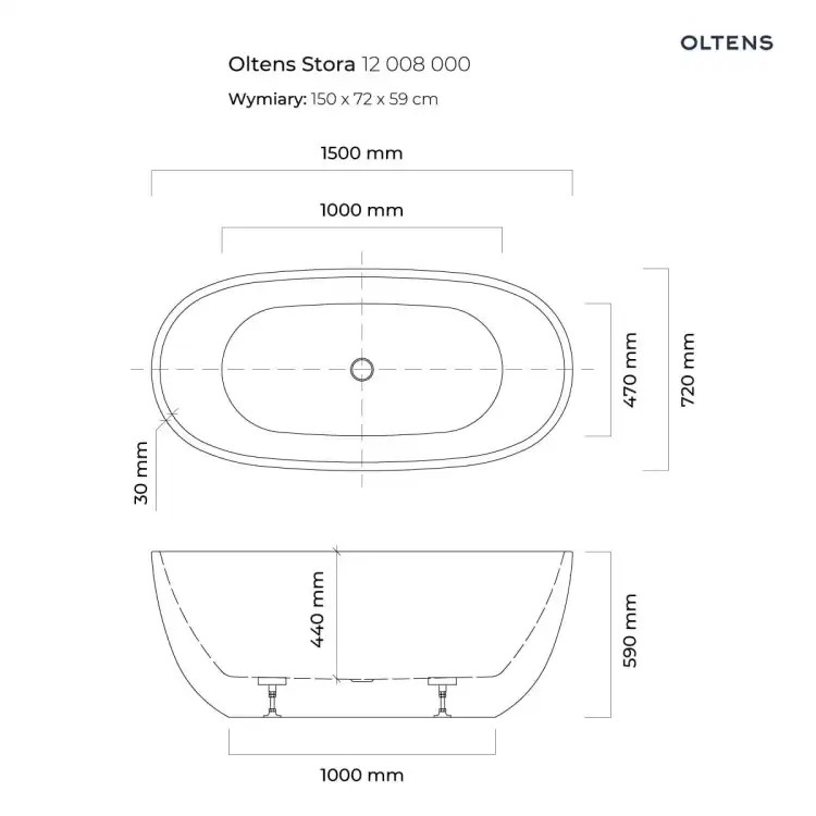 Oltens STORA wanna wolnostojąca 150x72 owalna akrylowa biały połysk 12008000