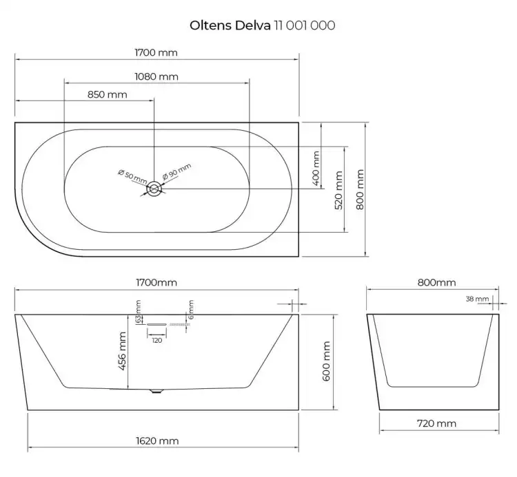 Oltens DELVA wanna wolnostojąca narożna 170x80 cm Prawa biała 11001000