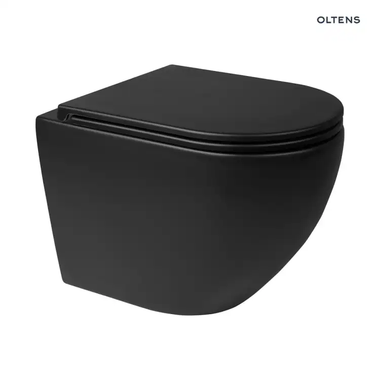Oltens HAMNES miska WC wisząca PureRim z powłoką SmartClean z deską wolnoopadającą Ovan Slim czarny mat 42514300