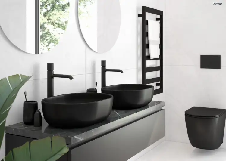 Oltens HAMNES miska WC wisząca PureRim z powłoką SmartClean z deską wolnoopadającą Ovan Slim czarny mat 42514300
