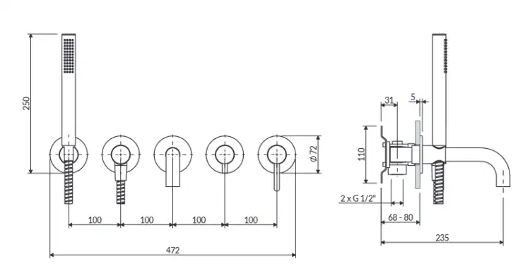 Omnires Y bateria wannowa 5-otworowa podtynkowa wylewka 160 mm miedź połysk Y1237/1SCP