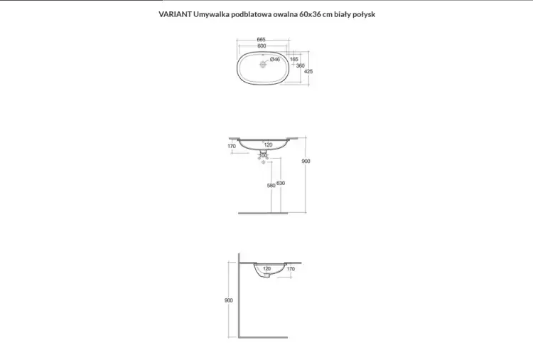 Rak VARIANT umywalka podblatowa 60x36 biały połysk VARUC36000AWHA