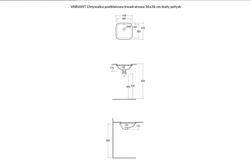 Rak VARIANT umywalka podblatowa kwadratowa 36x36 biały połysk VARUC43600AWHA