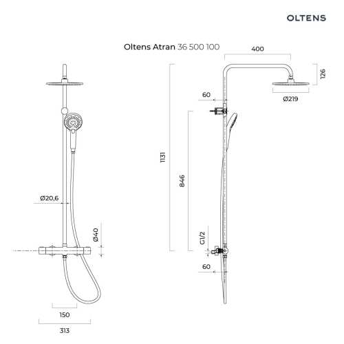 Oltens ATRAN system prysznicowy natynkowy z termostatem złoto szczotkowane 36500810