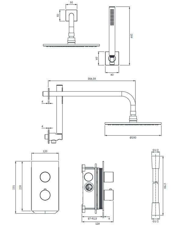 Omnires CONTOUR termostatyczny system prysznicowy podtynkowy miedź szczotkowana SYSCT11CPB