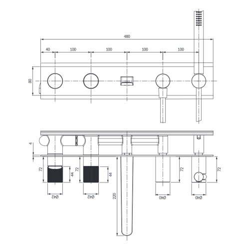 Omnires CONTOUR bateria wannowa 5 -otworowa podtynkowa miedź szczotkowana CT8037/1CPB