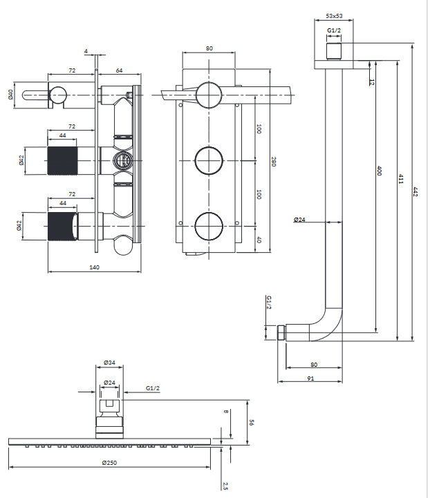 Omnires CONTOUR system prysznicowy podtynkowy miedź szczotkowana SYSCT10CPB