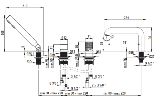 Deante SILIA bateria wannowa 4-otw. stal szczotkowana BHS_F14M