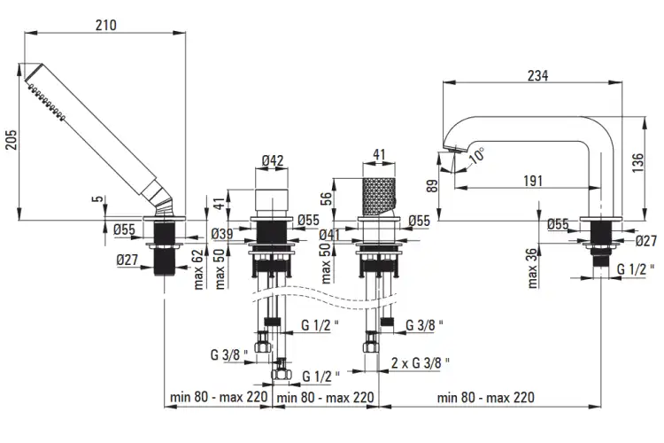 Deante SILIA bateria wannowa 4-otw. stal szczotkowana BHS_F14M