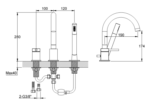 Kohlman AXEL bateria wannowa 3- otworowa złoty szczotkowany QB241AGDB