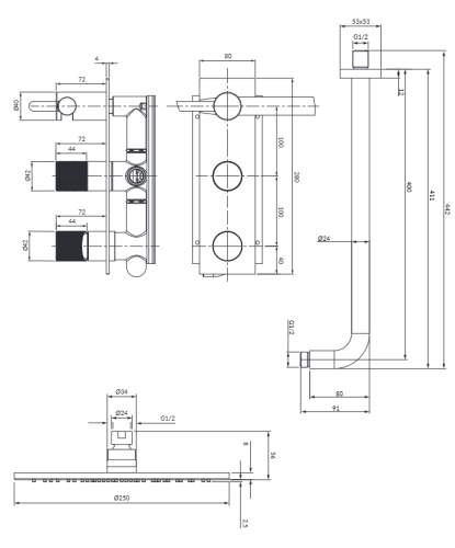 Omnires CONTOUR  system prysznicowy podtynkowy z rączką złoto szczotkowane