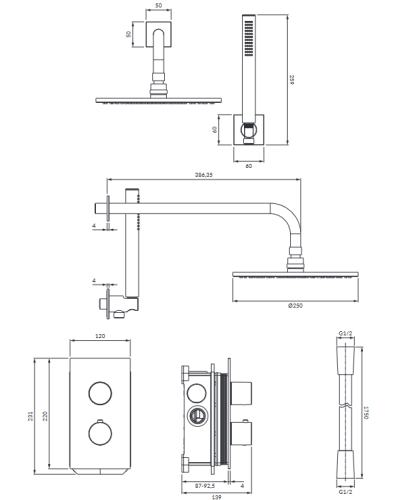Omnires CONTOUR termostatyczny system prysznicowy podtynkowy złoto szczotkowane