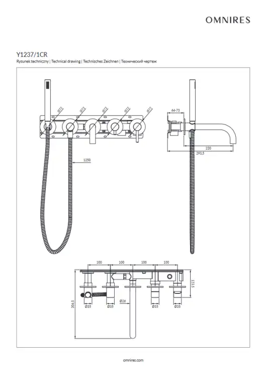 Omnires Y bateria wannowa 5-otworowa podtynkowa Chrom